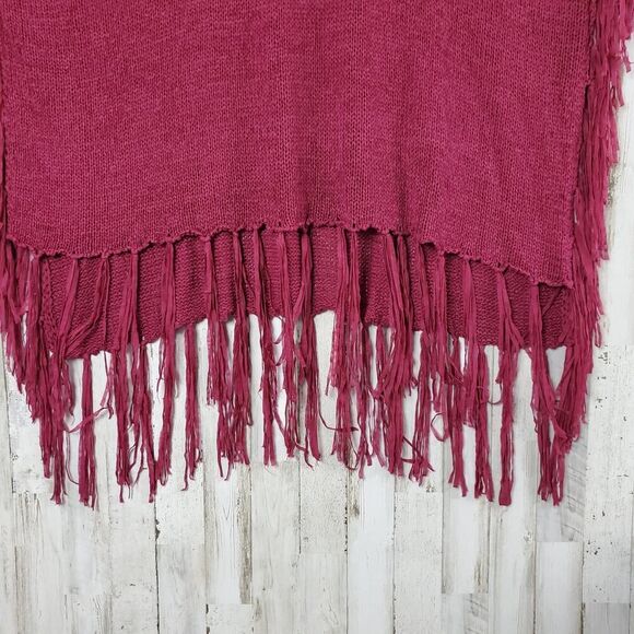Maurices Boxy Loose Knit Fringe Shawl Sweater Maroon OSFM - Picture 9 of 11